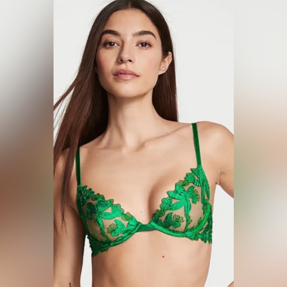 Victoria's Secret Very Sexy Ziggy Glam Floral Embroidery low cut Demi Bra Green